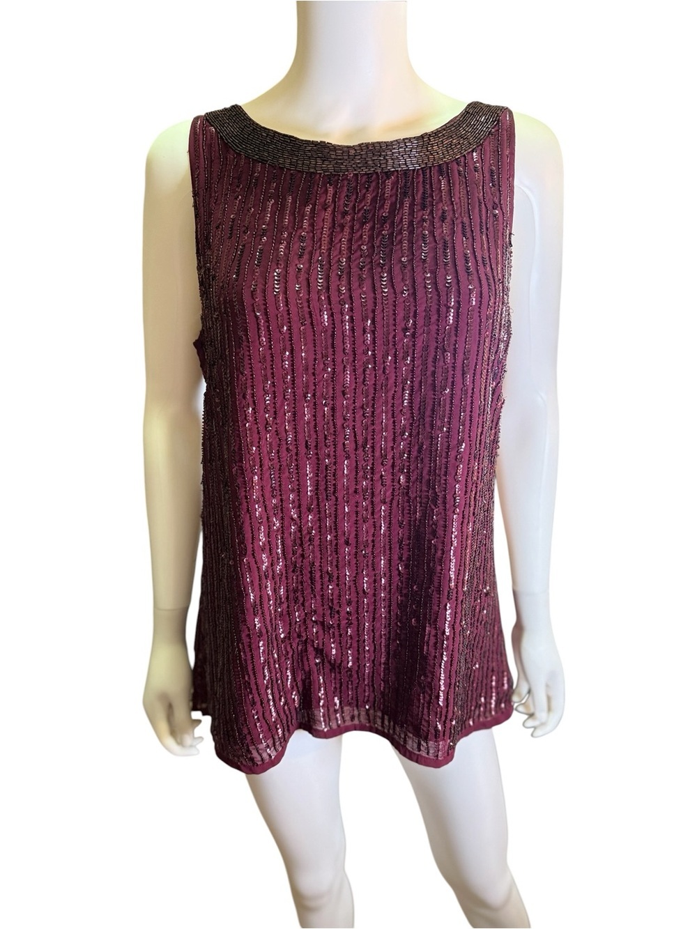 Boston Proper Beaded Burgundy Sequin Sleeveless Blouse evening Size Small NWT